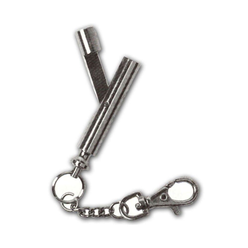 Evans Flip Key with a shaft that folds closed into the handle, the Compact Flip Key can be stored easily in a pocket or hung from a keychain or lanyard using the detachable clasp.